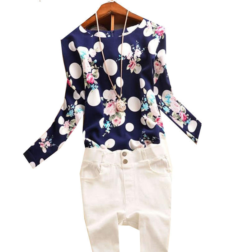 Online discount shop Australia - Casual Chiffon Shirts Sexy Deep round-Neck Women Blouses Blue White Long Sleeve Solid Tops Plus Size Loose
