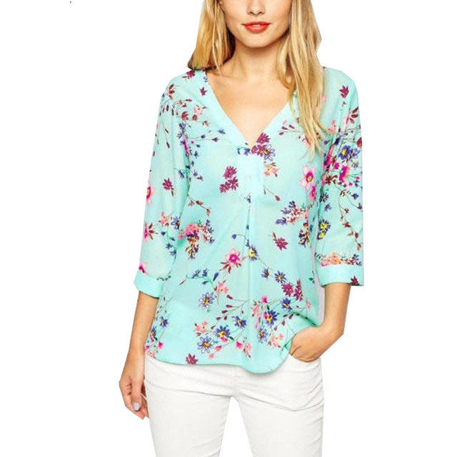 v-neck chiffon blouse women's 7/10 sleeve flower printed loose Tops shirt women casual blouses