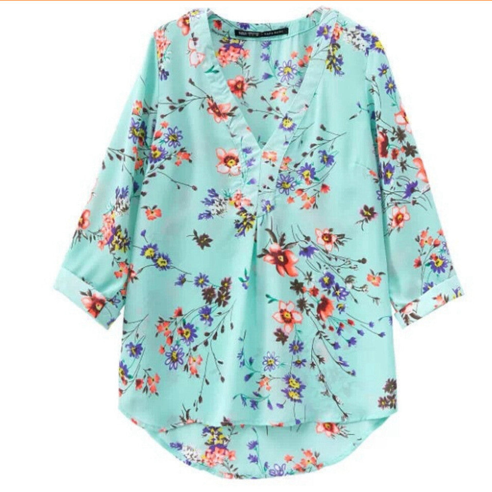 v-neck chiffon blouse women's 7/10 sleeve flower printed loose Tops shirt women casual blouses