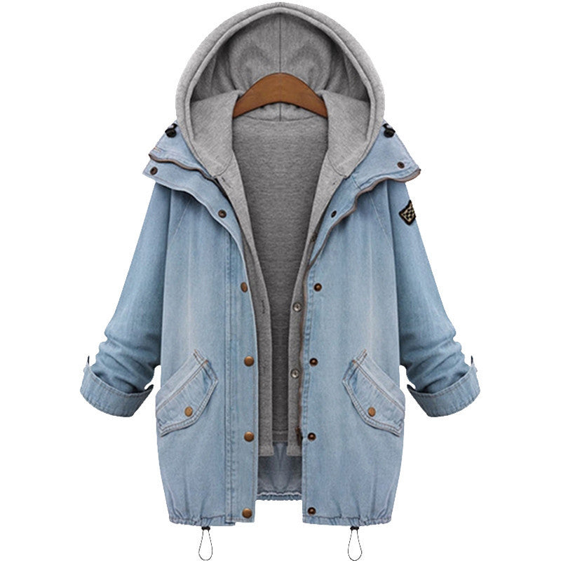 Online discount shop Australia - Blue Hooded Drawstring Boyfriend Trends Jean Swish Pockets Two Piece Outerwear Women Denim Buttons Coat Jackets