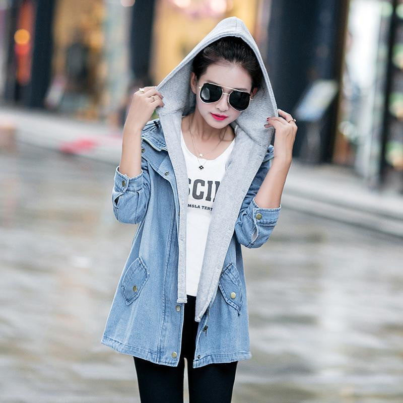 Online discount shop Australia - Blue Hooded Drawstring Boyfriend Trends Jean Swish Pockets Two Piece Outerwear Women Denim Buttons Coat Jackets