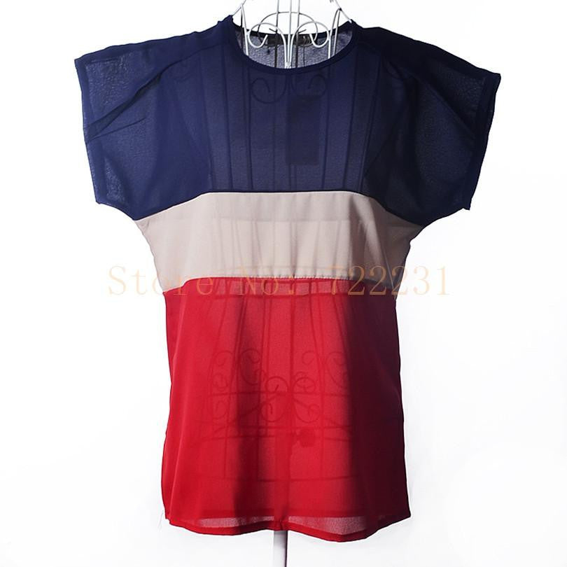 Three Color Stitching Elegant Style Chiffon Shirt Blouse Tops Office Shirts Fashion Women Clothes