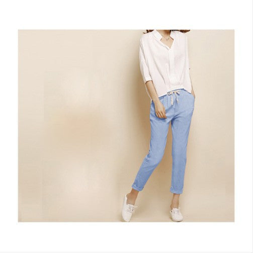 Online discount shop Australia - Linen Harem Nine Elastic Waist Pants All-Match Loose Pantalon Candy Colored Women's Casual Pants Trousers