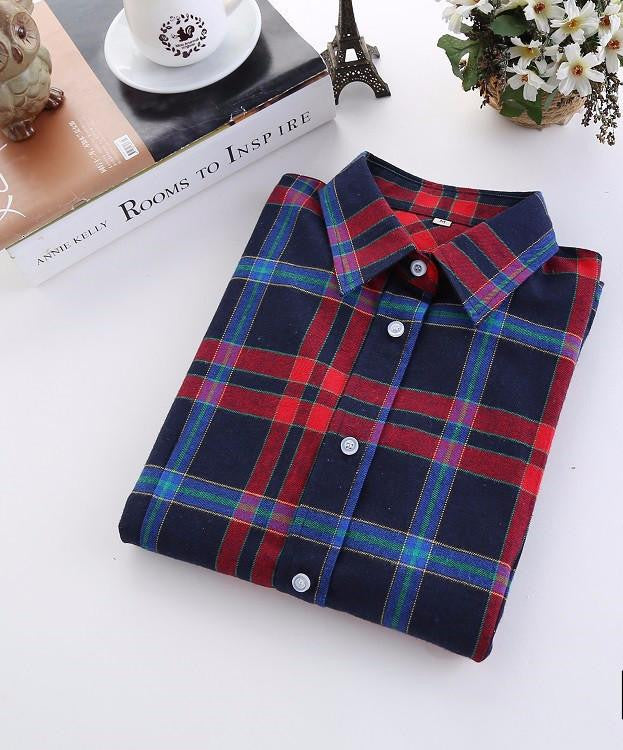 Women Blouses Long Sleeve Cotton Flannel Plaid Shirts Women Casual Plus Size Shirt 20Color