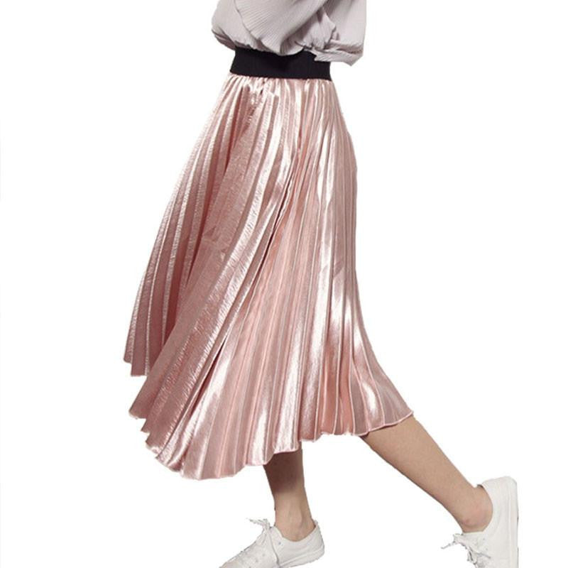 satin black long skirt Casual smooth women skirt high waist skirt Elastic pink pleated skirt