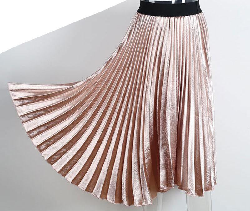 satin black long skirt Casual smooth women skirt high waist skirt Elastic pink pleated skirt