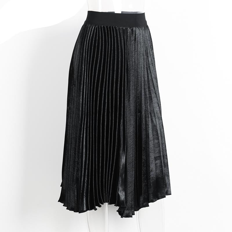 satin black long skirt Casual smooth women skirt high waist skirt Elastic pink pleated skirt