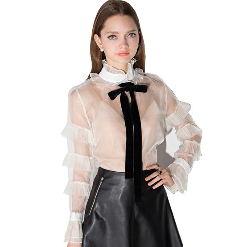 white Semi sheer Top Female Long sleeve Women Shirts Tops Tie Bow Party Blouses for