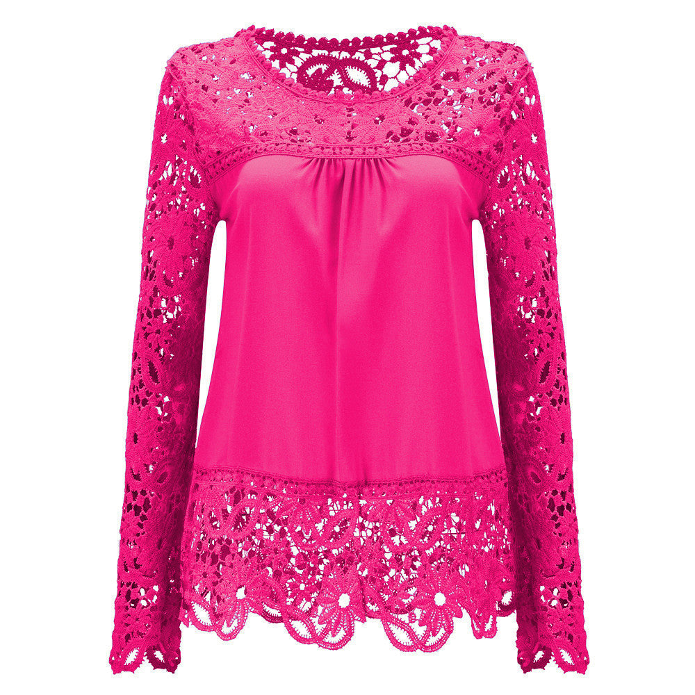 Plus Size 7XL Ladies Women's Long Sleeve Chiffon Lace Crochet Tops Blouses Women Clothing Blouse 21 colors
