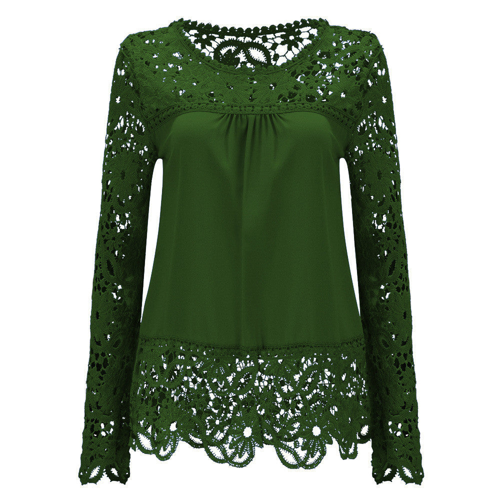 Plus Size 7XL Ladies Women's Long Sleeve Chiffon Lace Crochet Tops Blouses Women Clothing Blouse 21 colors