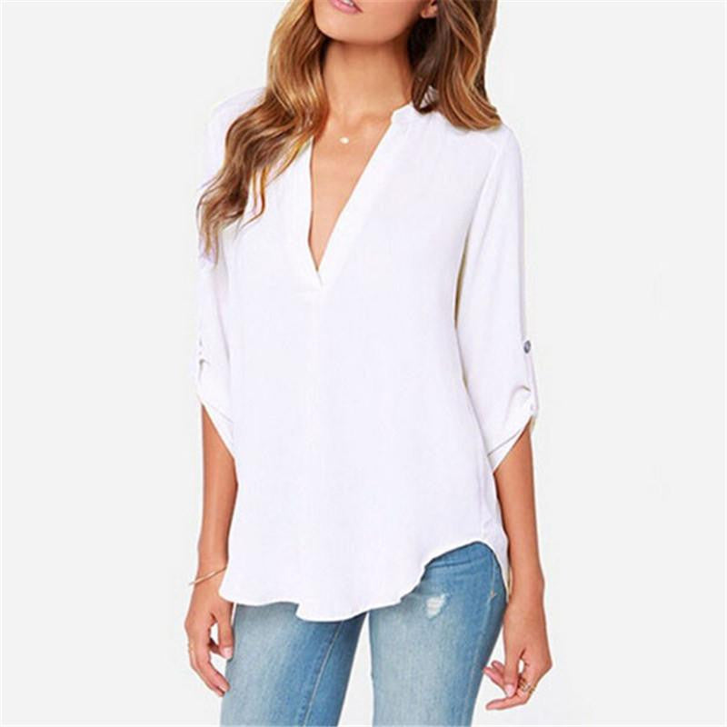 Tops Elegant V-Neck 7 Colors Causal Shirt Chiffon Women Blouses Ladies White Office Shirts Plus Size S-6Xl