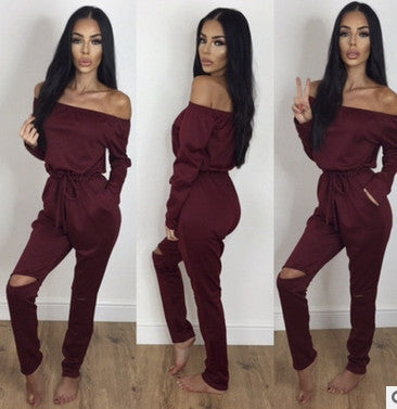 Off Shoulder Jumpsuits Long Sleeve Slim Rompers Womens Jumpsuit Club Party Jumpsuits Hole Playsuits for Women