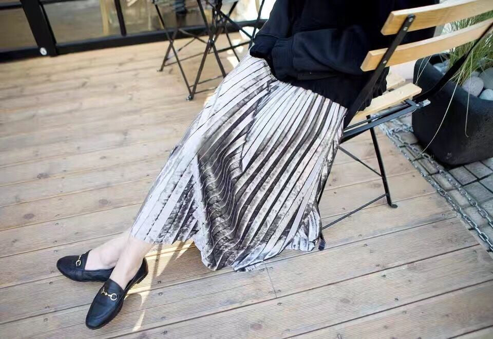 Online discount shop Australia - Metal Color Pleated Velvet Skirt Women High Waist New Fashion Clothing