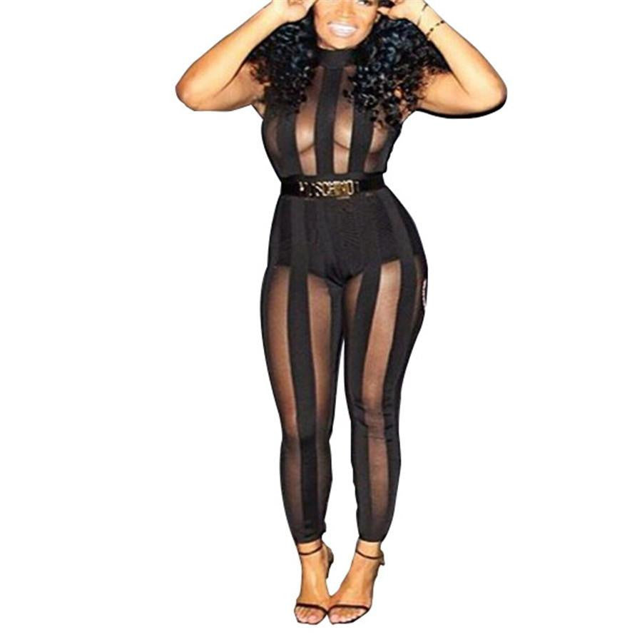 Womens Fashion Elegant Black Sleeveless Gauze See Through Casual Club Tight Jumpsuit Rompers Catsuit