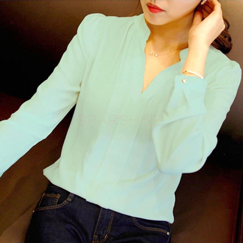 Elegant V-neck Long Sleeve Shirts Women Chiffon Shirt Blouse Ladies White Pink Female Office Shirt Plus Size