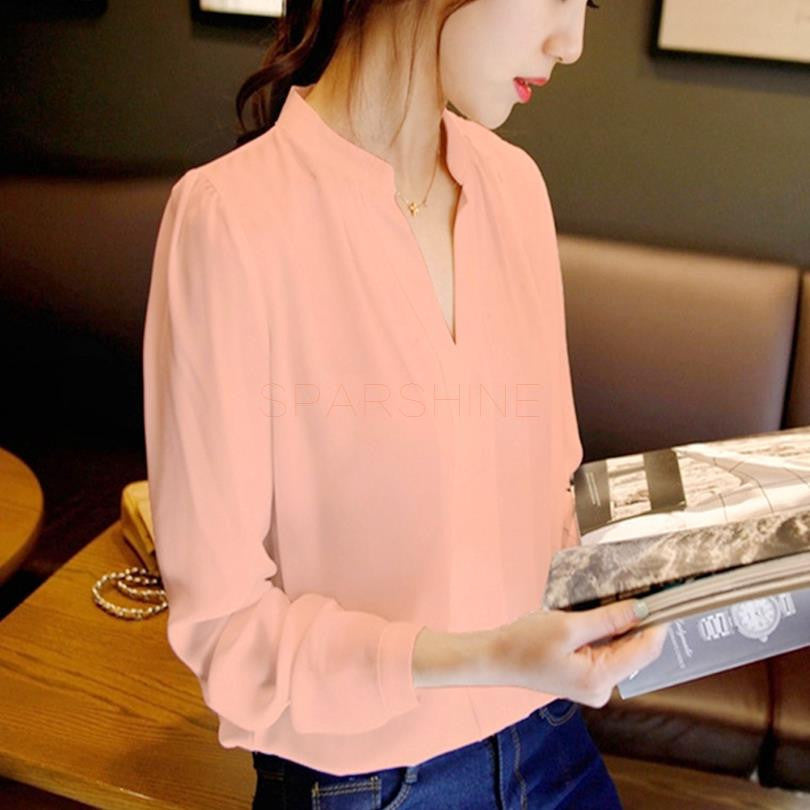 Elegant V-neck Long Sleeve Shirts Women Chiffon Shirt Blouse Ladies White Pink Female Office Shirt Plus Size