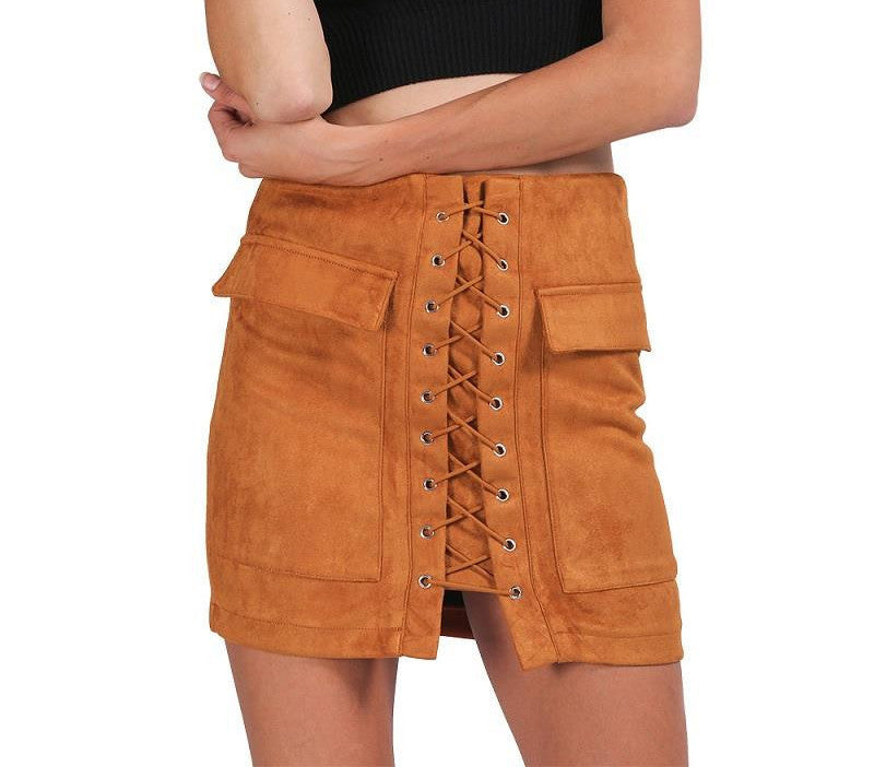 Online discount shop Australia - lace up suede leather women skirt 90's Vintage pocket preppy short skirt Winter high waist casual skirts