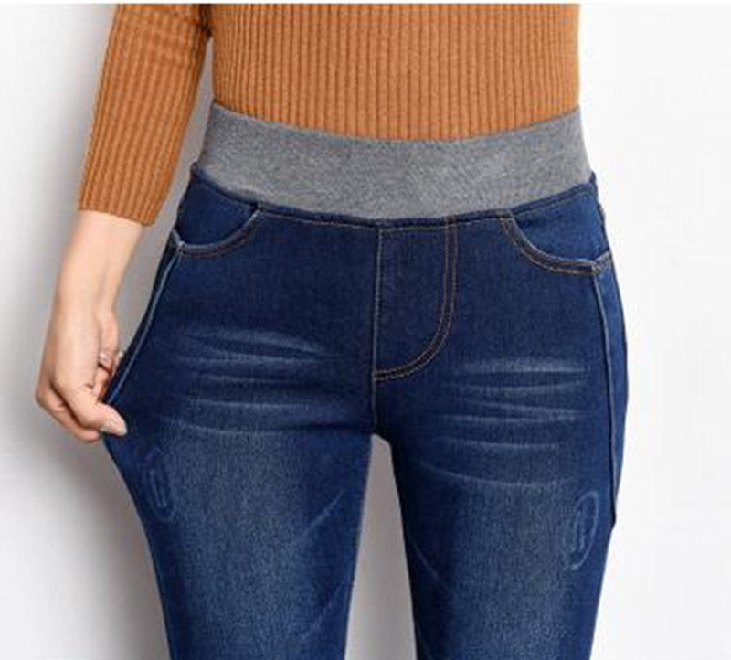 Online discount shop Australia - Jeans Women Gold Fleece Inside Warm Jeans Pants Winter Thickening Elastic Waist Pencil Pants Fashion Denim Trousers P8035