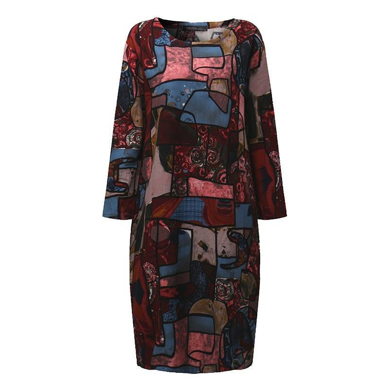 ZANZEA Women Autumn Oversized Vintage Print Dress Casual Loose Long Sleeve O Neck Mid-calf Length Dress Vestidos Plus Size