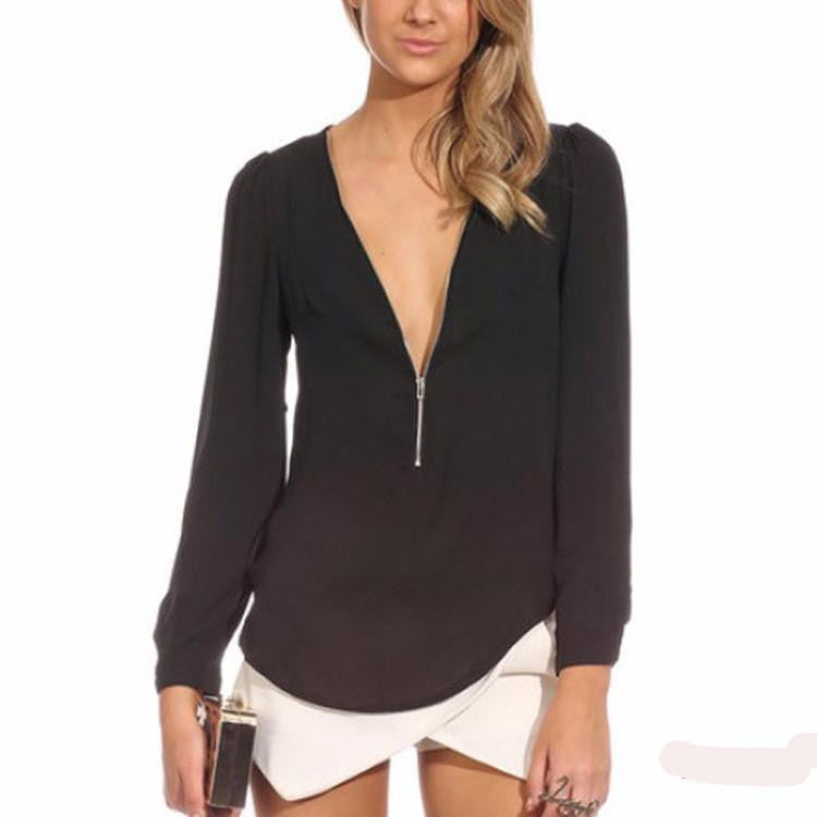 Style Candy-colored Zipper V-neck Long Sleeve Causal Women Chiffon Blouse 6 Colors WF-9175