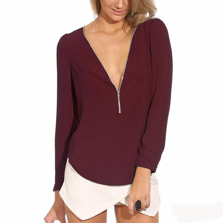 Style Candy-colored Zipper V-neck Long Sleeve Causal Women Chiffon Blouse 6 Colors WF-9175