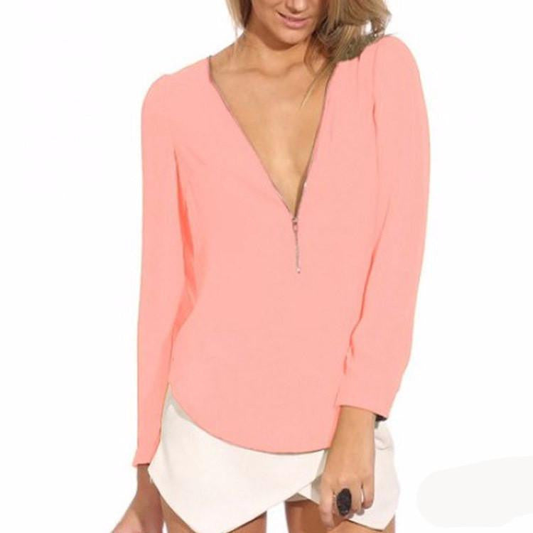 Style Candy-colored Zipper V-neck Long Sleeve Causal Women Chiffon Blouse 6 Colors WF-9175