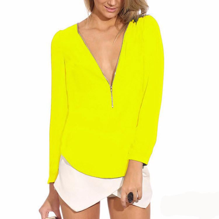 Style Candy-colored Zipper V-neck Long Sleeve Causal Women Chiffon Blouse 6 Colors WF-9175