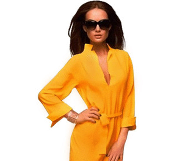 Online discount shop Australia - GZDL Fashion Dresses Women Long Sleeve Office Bandage Tunic Cocktail Party Chiffon Sexy Solid Mini Shirt Dress Yellow CL1600