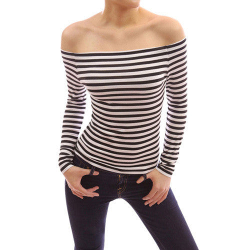 Online discount shop Australia - Creative Fashion T Shirt Women Off Shoulder Long Sleeve Stretch Slim T-Shirt Stripe Casual Sexy T-shirt
