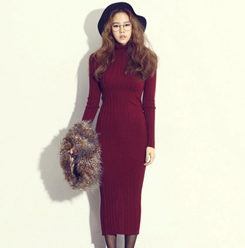 Women Knitted Turtleneck Bodycon Fitted Casual Party Slit Long Sleve Sweater Dresses Knitwear