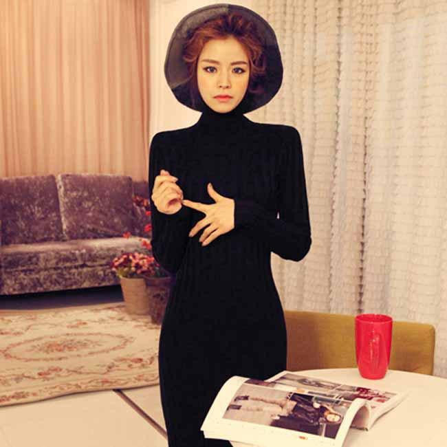 Women Knitted Turtleneck Bodycon Fitted Casual Party Slit Long Sleve Sweater Dresses Knitwear