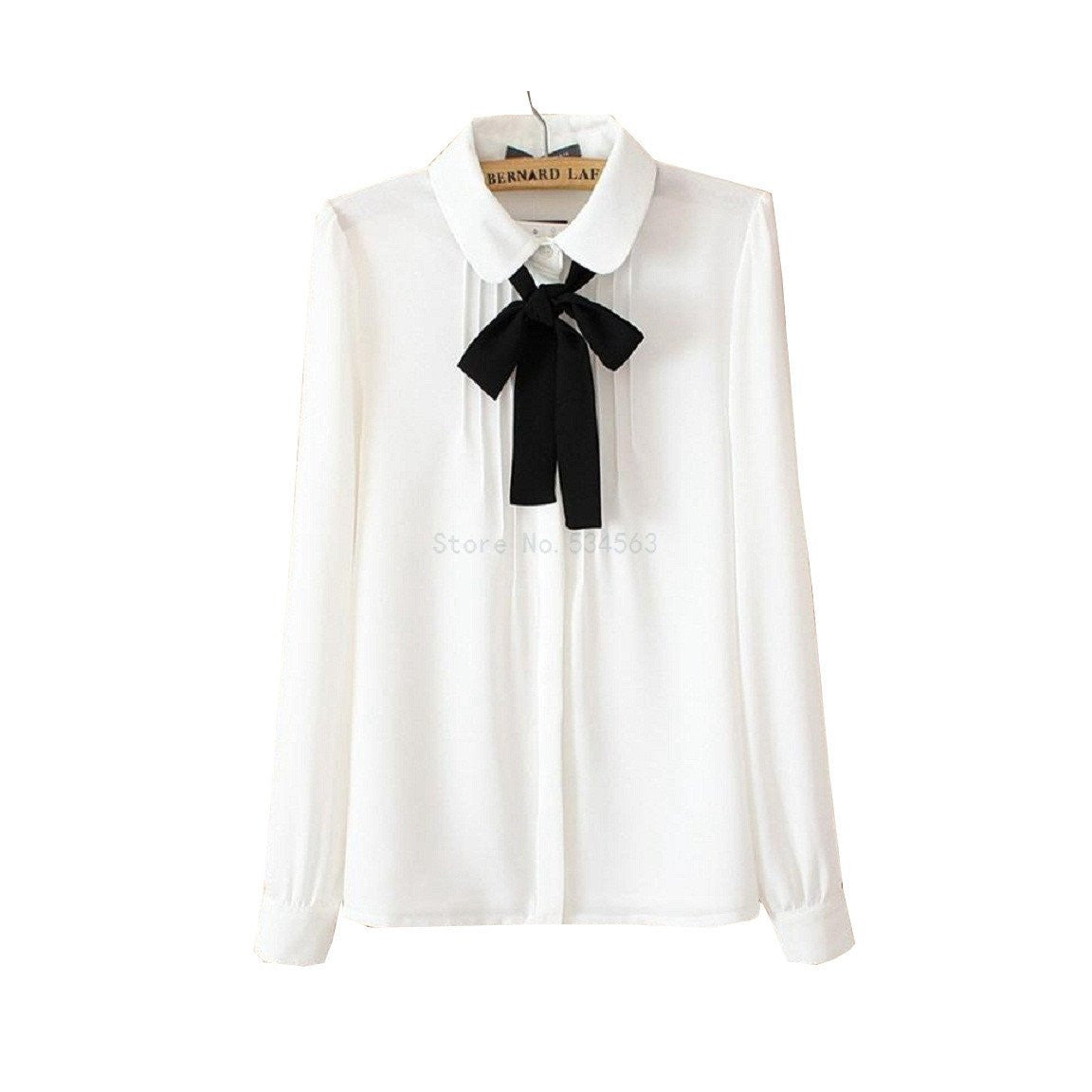 White Long-Sleeved Shirt Ladies Tops Women Chiffon Blouse