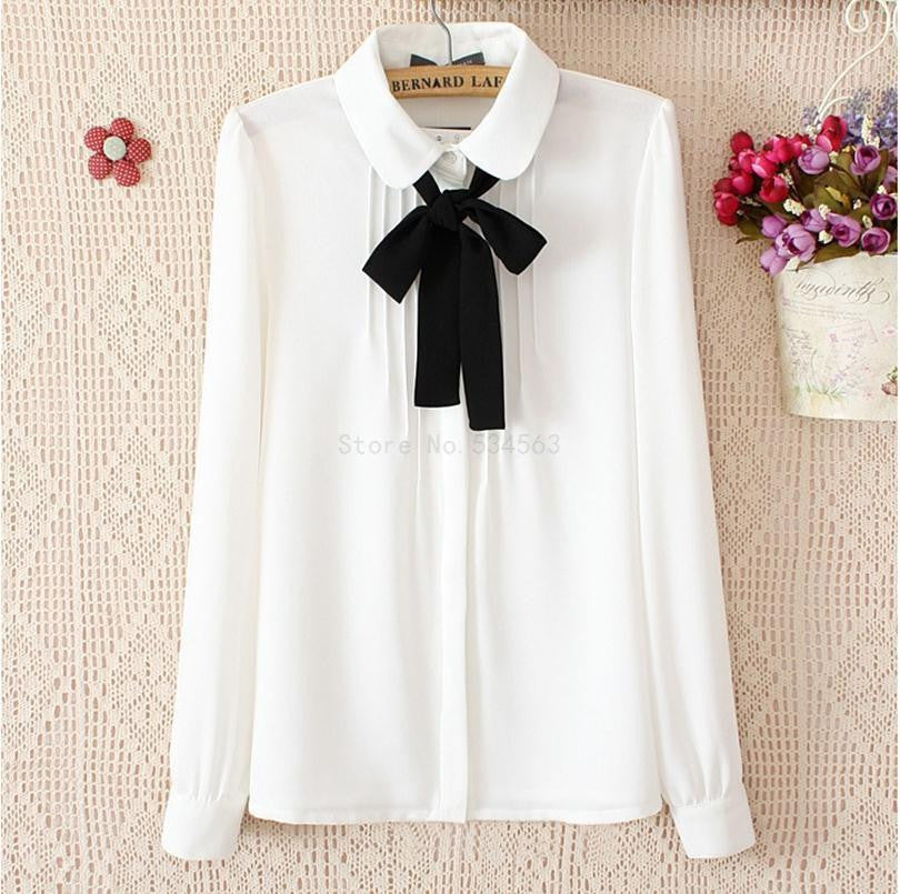 White Long-Sleeved Shirt Ladies Tops Women Chiffon Blouse