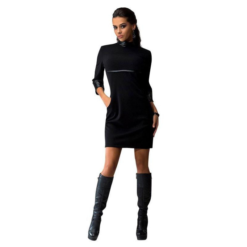 Spring Autumn Women Three Quater Sleeve Dress PU Leather Sleeve Clubwear Dress Solid Color