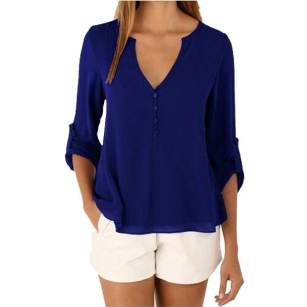 Women Casual Chiffon Blouses V Neck Long Sleeve Shirts Ladies Plus Size Tops 1WBL110