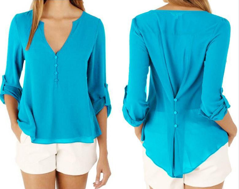 Women Casual Chiffon Blouses V Neck Long Sleeve Shirts Ladies Plus Size Tops 1WBL110