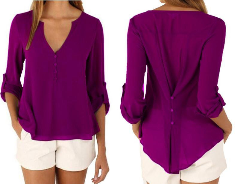 Women Casual Chiffon Blouses V Neck Long Sleeve Shirts Ladies Plus Size Tops 1WBL110