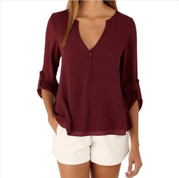 Women Casual Chiffon Blouses V Neck Long Sleeve Shirts Ladies Plus Size Tops 1WBL110