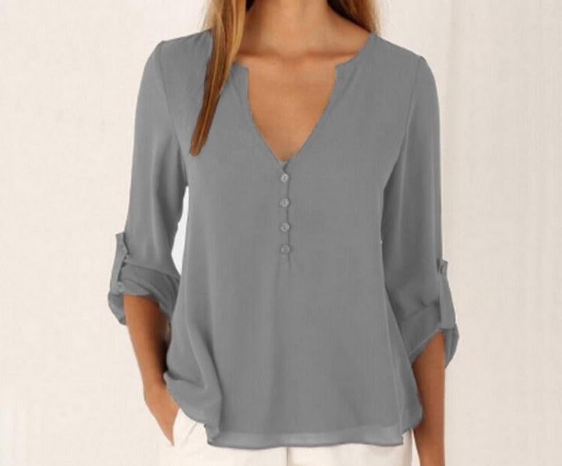 Women Casual Chiffon Blouses V Neck Long Sleeve Shirts Ladies Plus Size Tops 1WBL110