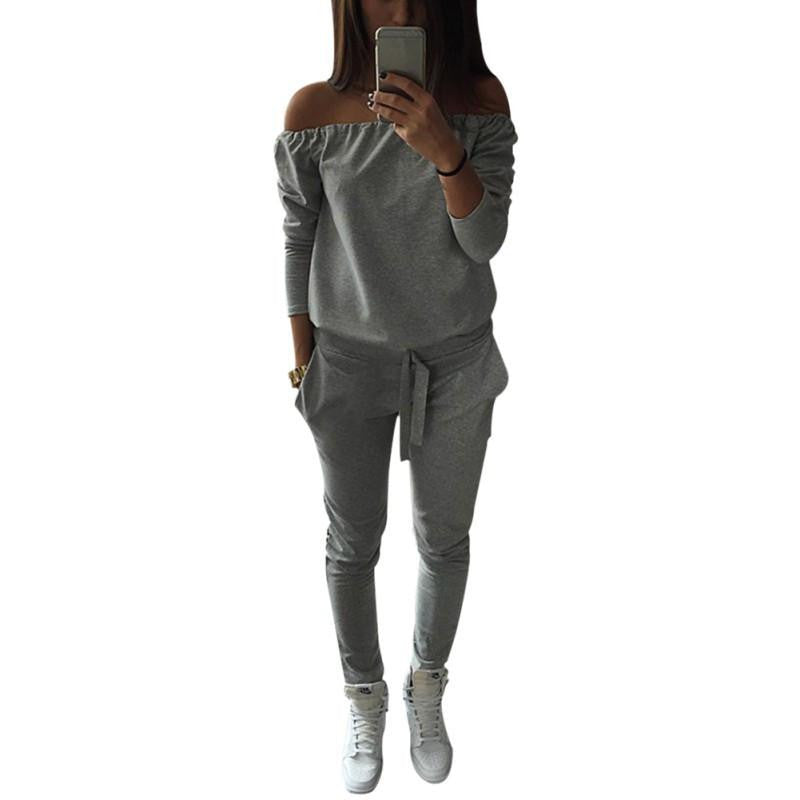 Women Word Shoulder Jogger Casual Women Tracksuit Sportswear Tops Pants Sweatshirt