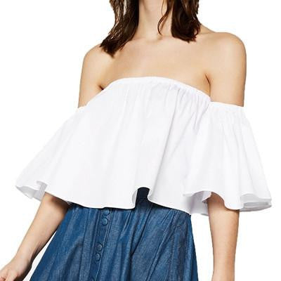 Off Shoulder Blouse Women Flare Sleeve Strapless Tops Blouses Women's Casual Loose Short Shirts