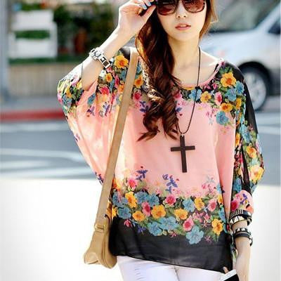 Tops Plus Size Women Clothing Style Batwing Sleeve Women Blouses Floral Print Women's Chiffon Shirts