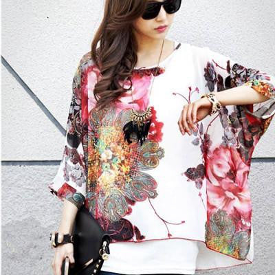 Tops Plus Size Women Clothing Style Batwing Sleeve Women Blouses Floral Print Women's Chiffon Shirts