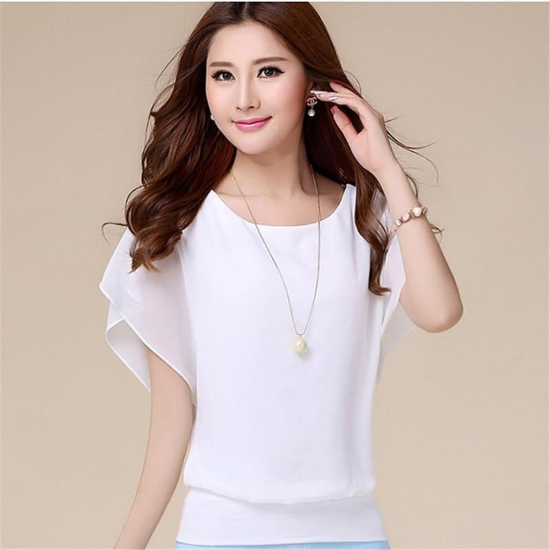 Women blouses shirts Women Chiffon Blouse Tops For Women Plus Size Ruffle Batwing Short Sleeve Casual Shirt