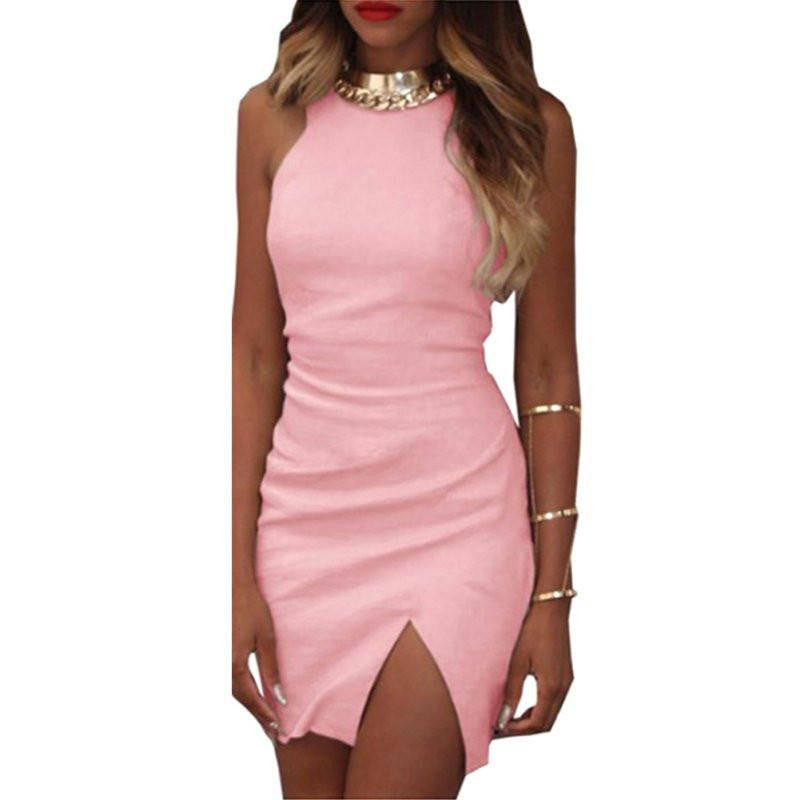 Summer Women Sleeveless Short Mini Dress Split Bodycon Party Club A-Line Dress Red Pink Black LL2