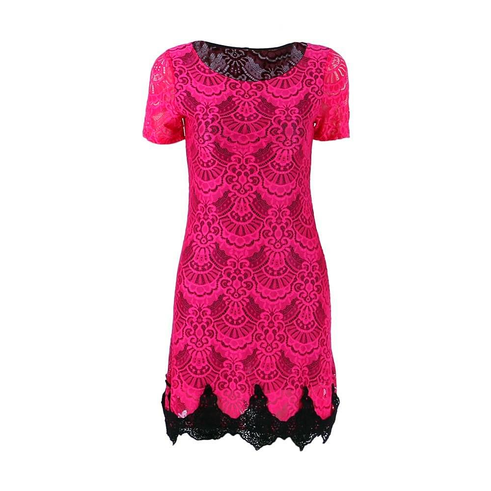 Women A-line Dress Red Hollow Out lace Dresses Casual Short Sleeve Mini