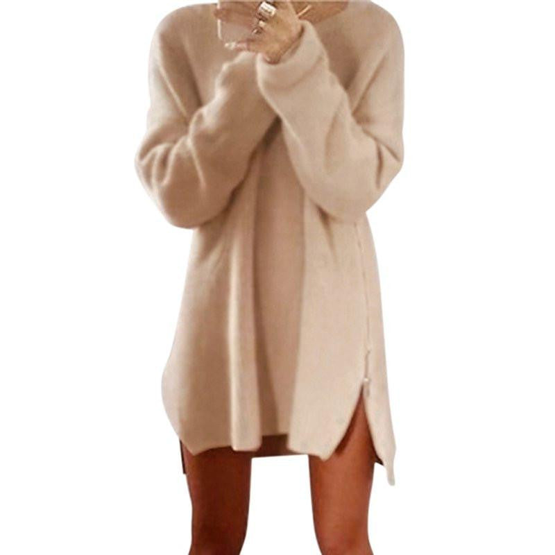 Women Winter Long Sleeve Zippers Side Jumper Tops Knitted Sweater Loose Tunic Mini Dresses