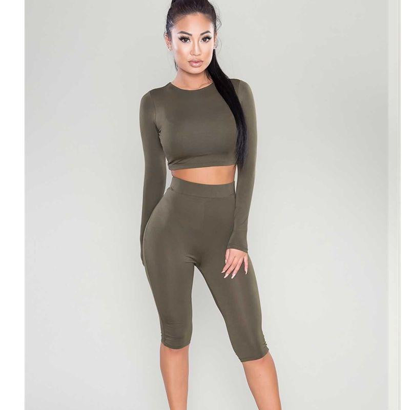 Women Two Piece Outfits Pants Set Romper Fitness Jumpsuit Long Sleeve O-Neck Crop Top Bodycon Sportswear Palysuit S-XL