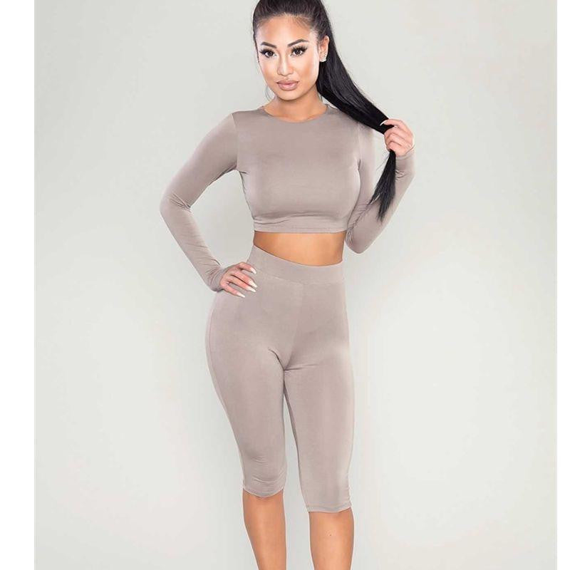 Women Two Piece Outfits Pants Set Romper Fitness Jumpsuit Long Sleeve O-Neck Crop Top Bodycon Sportswear Palysuit S-XL