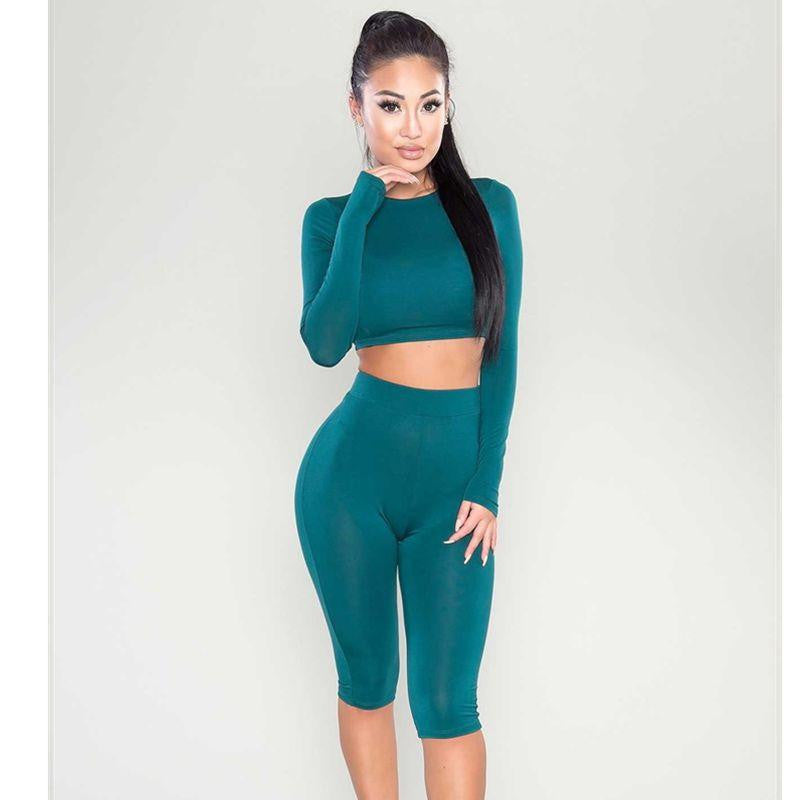 Women Two Piece Outfits Pants Set Romper Fitness Jumpsuit Long Sleeve O-Neck Crop Top Bodycon Sportswear Palysuit S-XL